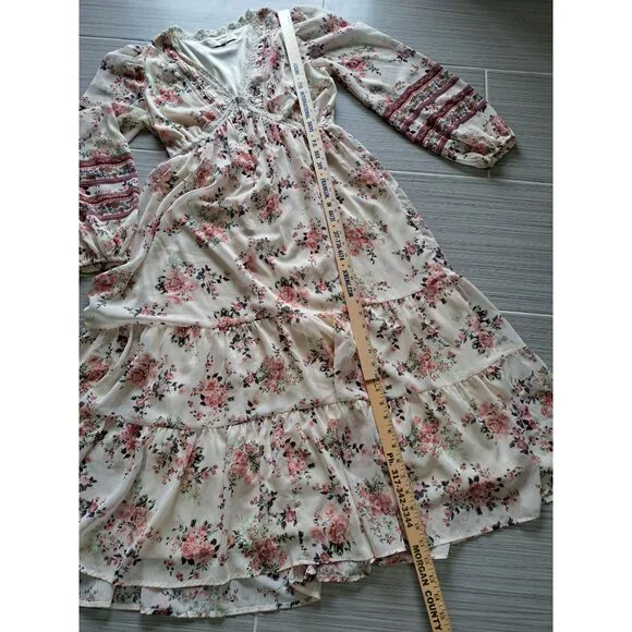 Penelope Rose Floral Maxi Dress XL Lace Trimmed Boho Long Sleeve Tiered Buttons - Picture 9 of 12